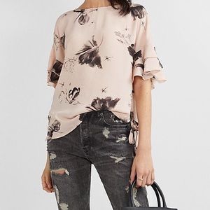 Express Floral Ruffle Side Tie Dolman Tee | Small